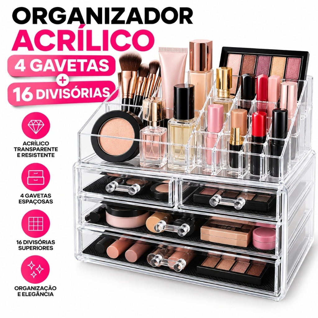 Organizador de Maquiagem Acrílico 4 Gavetas 16 Divisórias Porta Batom Pincel Cosméticos