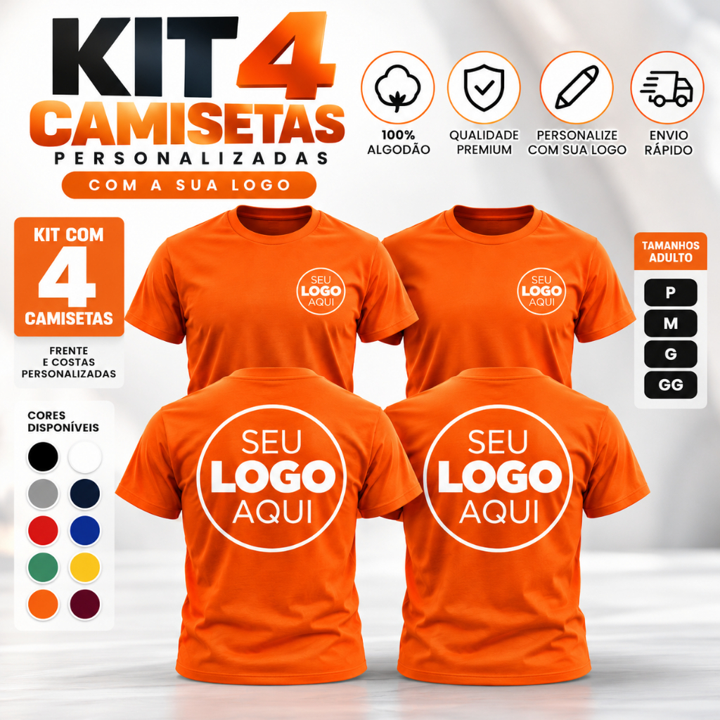 Kit 4 camisetas personalizadas com logo | Estampa frente e costas | 100% algodão | Uniforme empresa | Envio rápido