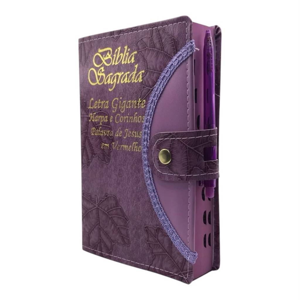 Bíblia Sagrada Tamanho Grande Com Harpa Palavras de Jesus em Vermelho Botão Capa Folha Lilas