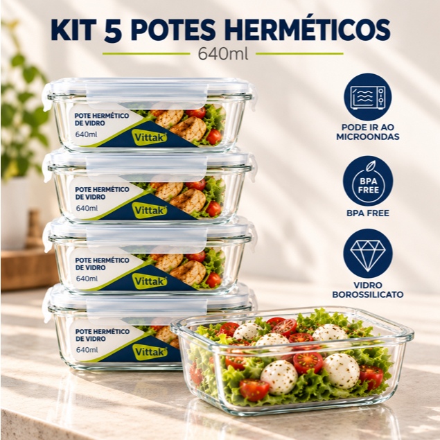 Vittak Kit 5 Potes de Vidro 640ml Hermético Marmita Fit com Tampa 4 Travas