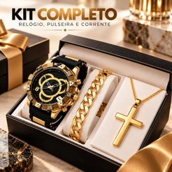 Kit Relogio Masculino Banhado Original + Colar com Cruz + Pulseira Premium