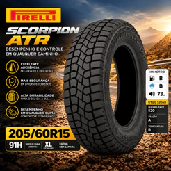 Pneu 205/60R15 Pirelli Scorpion ATR 91H XL All Terrain Aro 15 Saveiro Cross CrossFox