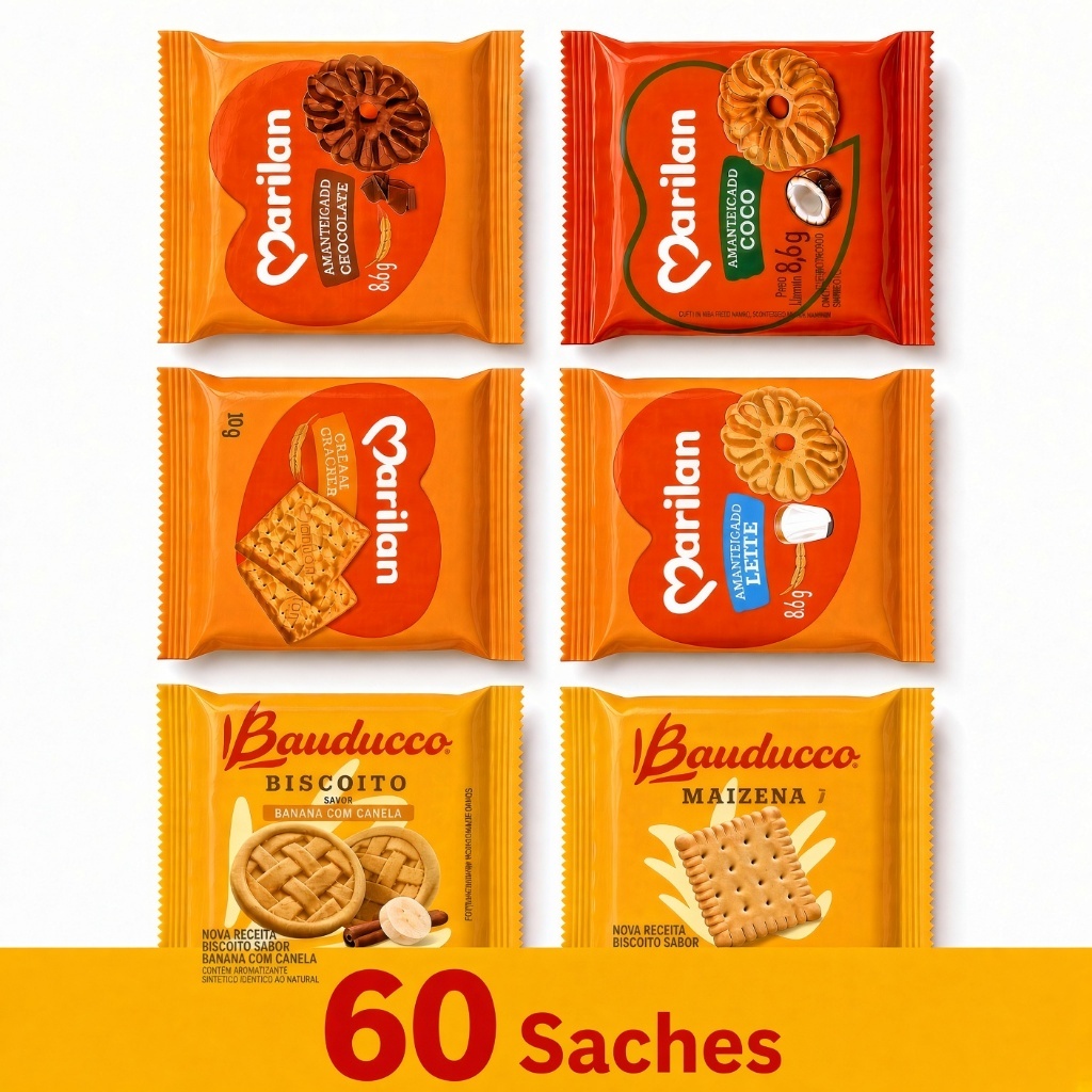 60 Saches (2un) Biscoitos Mistos Amanteigados Mistos Marilan Bauducco Cereale Chocolate Banana Leit