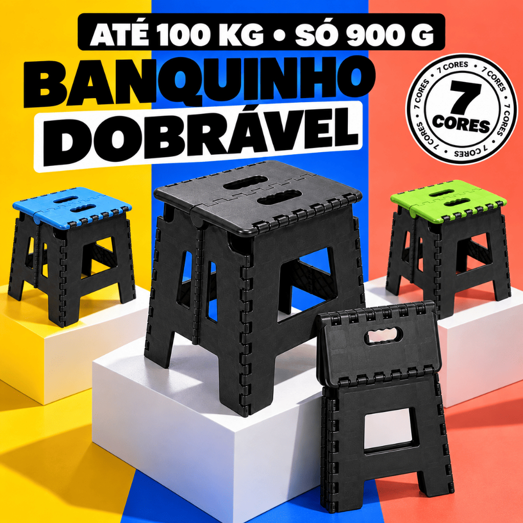 Banqueta Dobrável Portátil Banquinho Banco Até 100kg PP Reforçado Alça Camping Pesca Manicure Casa 7 Cores