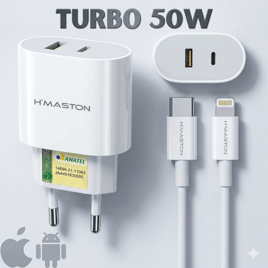 Carregador Iphone Turbo 50W Cabos (USB-C ou Lightning) – 0 a 100% em 1h!