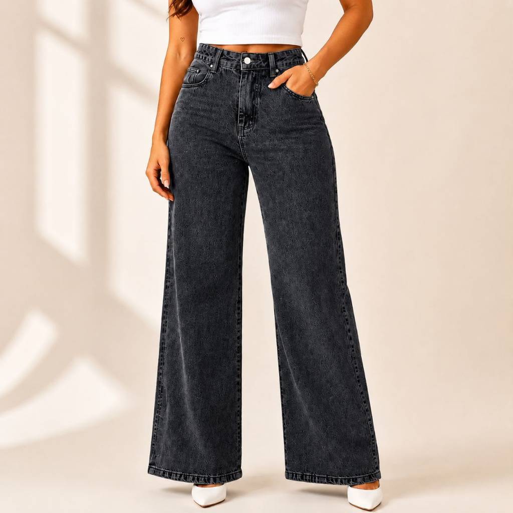 Calça Wid Leg CINZA BLACK MARMORIZADA Jeans 100% Algodão Cintura Alta