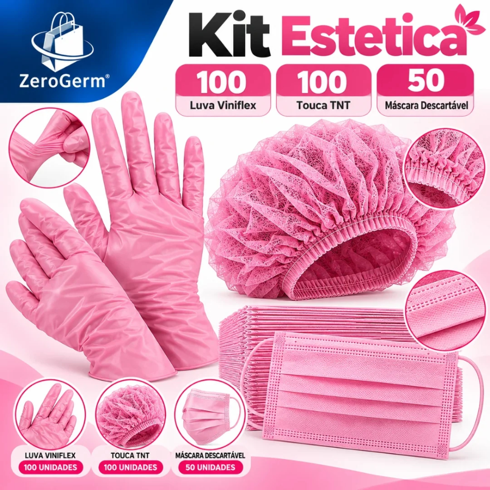 Kit Estetica 100 Luva Viniflex 100 Touca TNT 50 Máscara Descartável