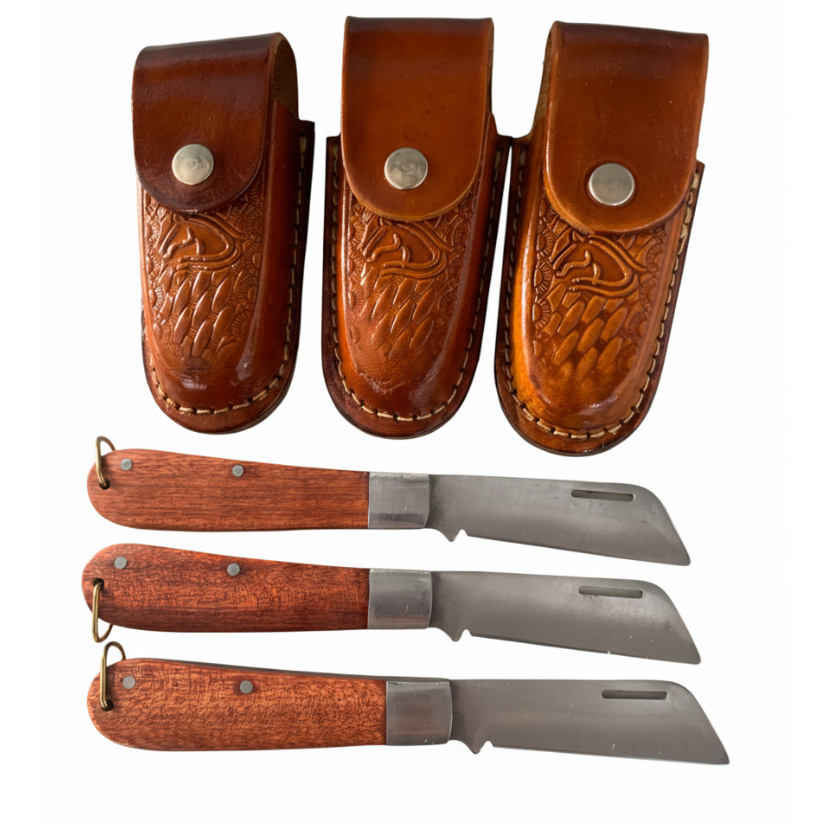 Kit 3 Canivete Tradicional Carbono com Bainha de Couro Legítimo