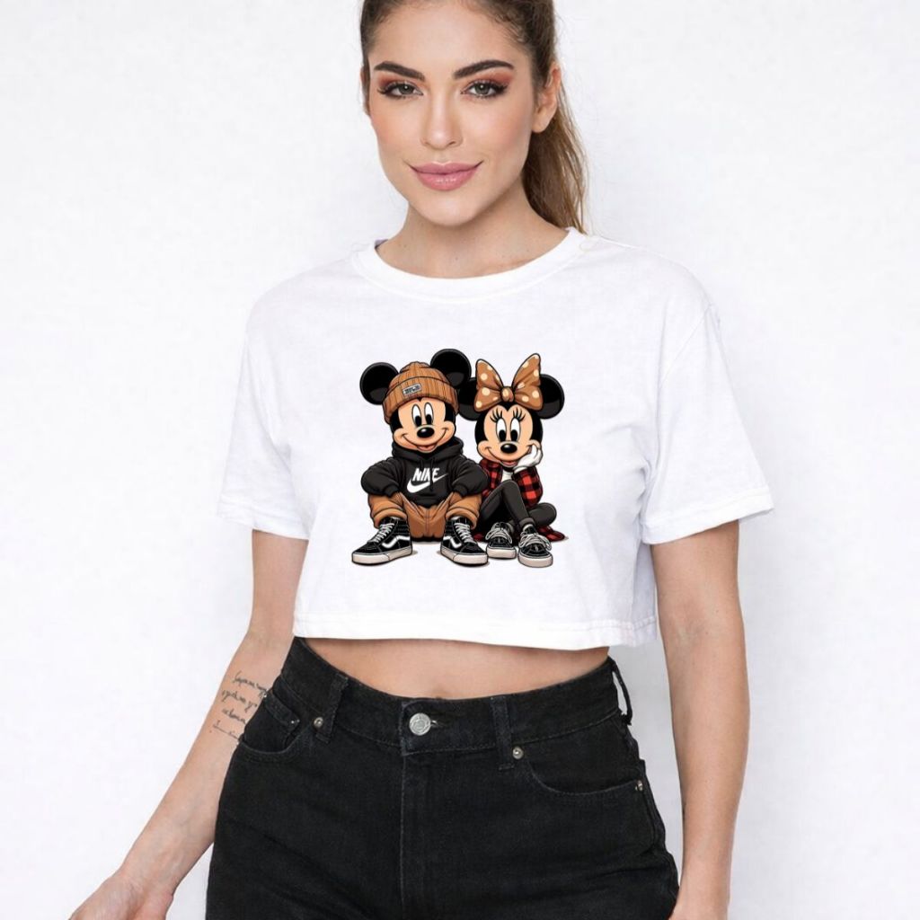 Camiseta Feminina Cropped Minie Mikey Casal Blusa Curta T-shirt 100% Algodão