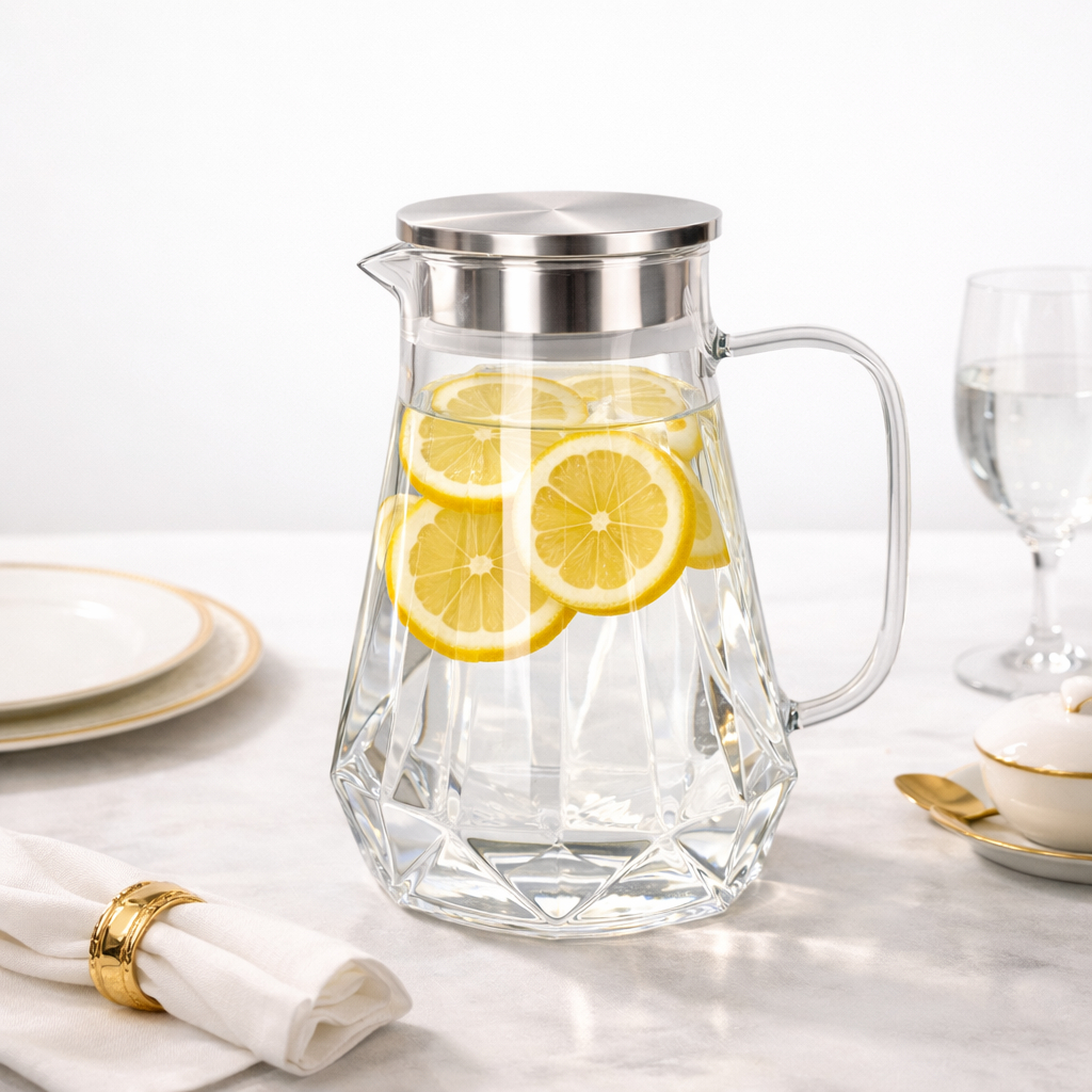 Jarra de Vidro Borossilicato Cristal 1,6 Litros com Tampa Inox – Design Elegante