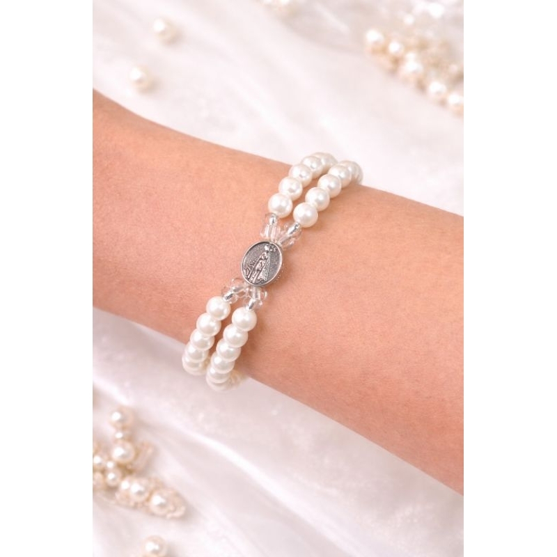 Terço de Pulso Pulseira Nossa Senhora Aparecida de Perola Branca com Fecho Proteção Fé Devoção Católico Religioso