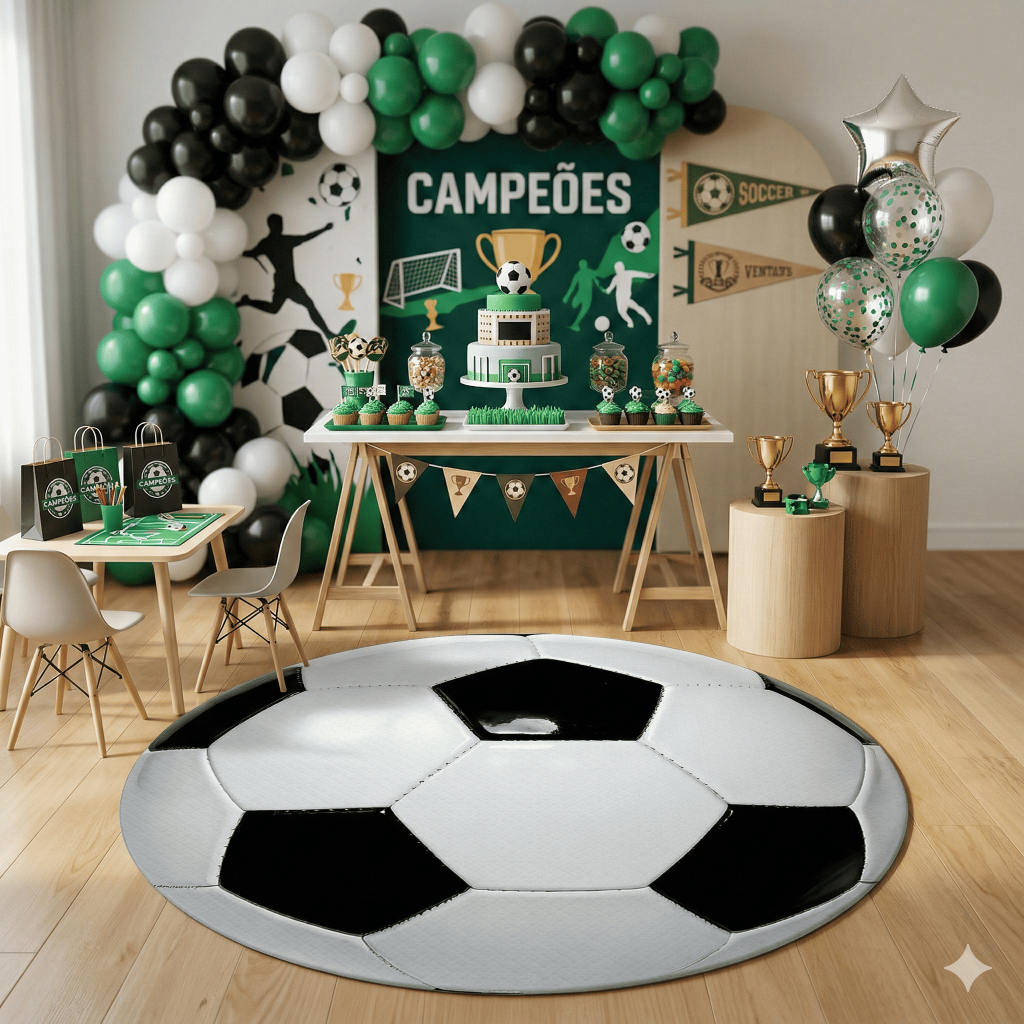 Tapete Redondo Tema Futebol Decorativo Festa Infantil Aniversário Bola Campo Verde Premium