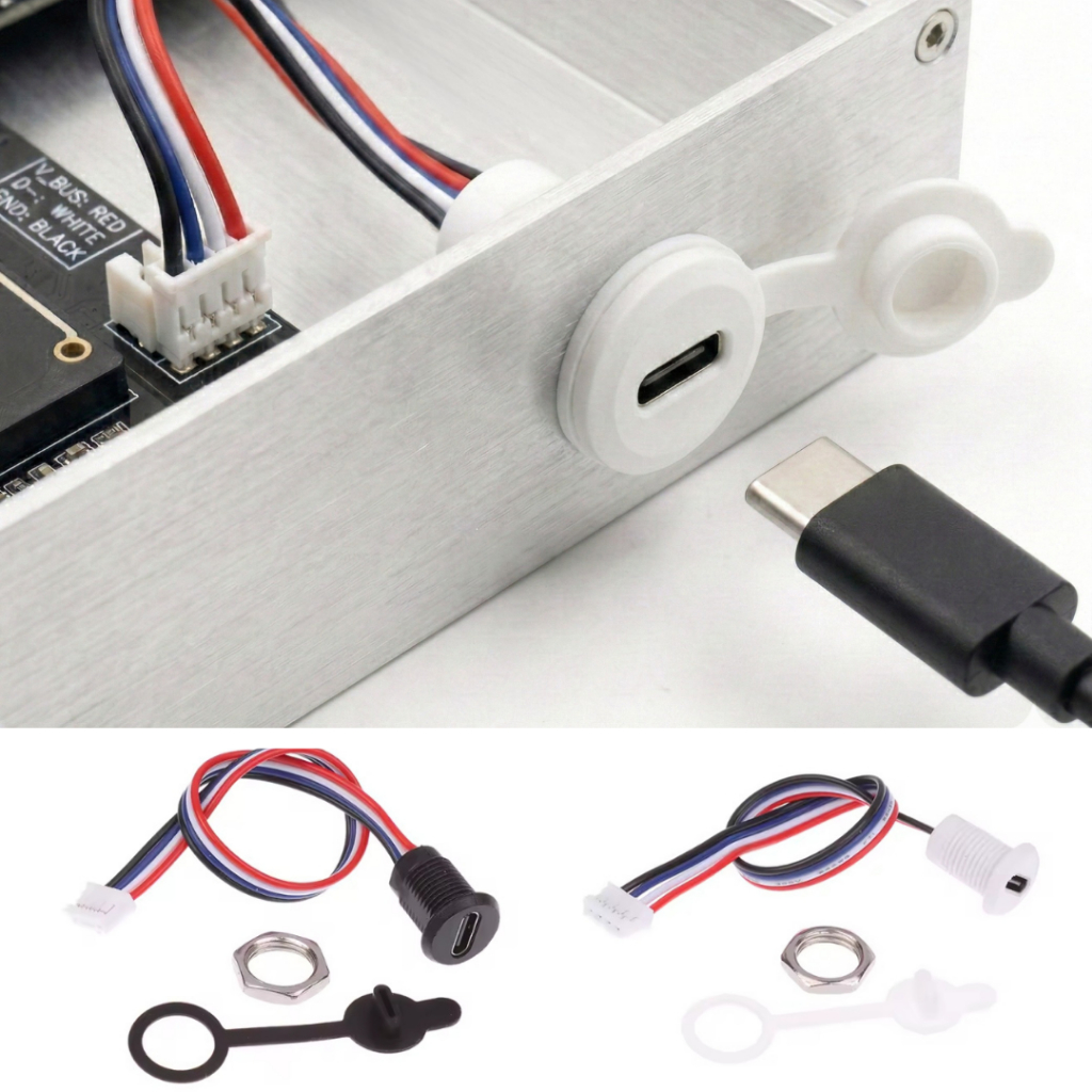 Conector USB Tipo C Passagem Painel Fêmea Redondo Impermeável com Protetor Tampa Rosca Arruela Reposição Móvel