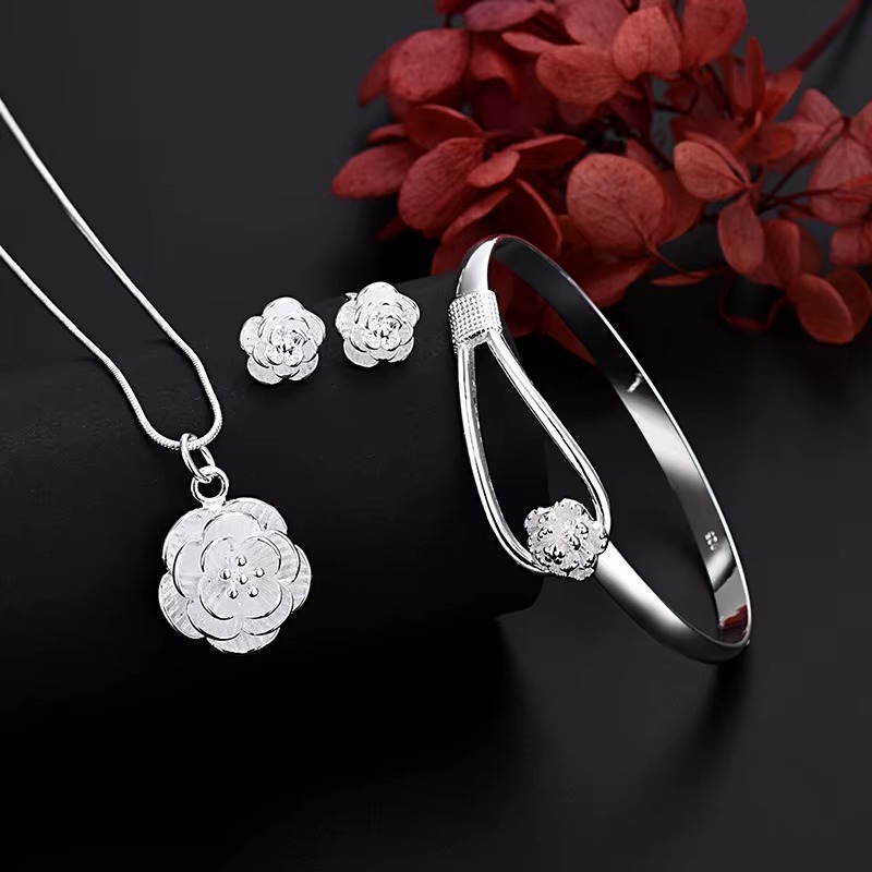 Conjunto Prata 925 Colar Brincos e Bracelete Rosas Alto Brilho Hipoalergênico Premium