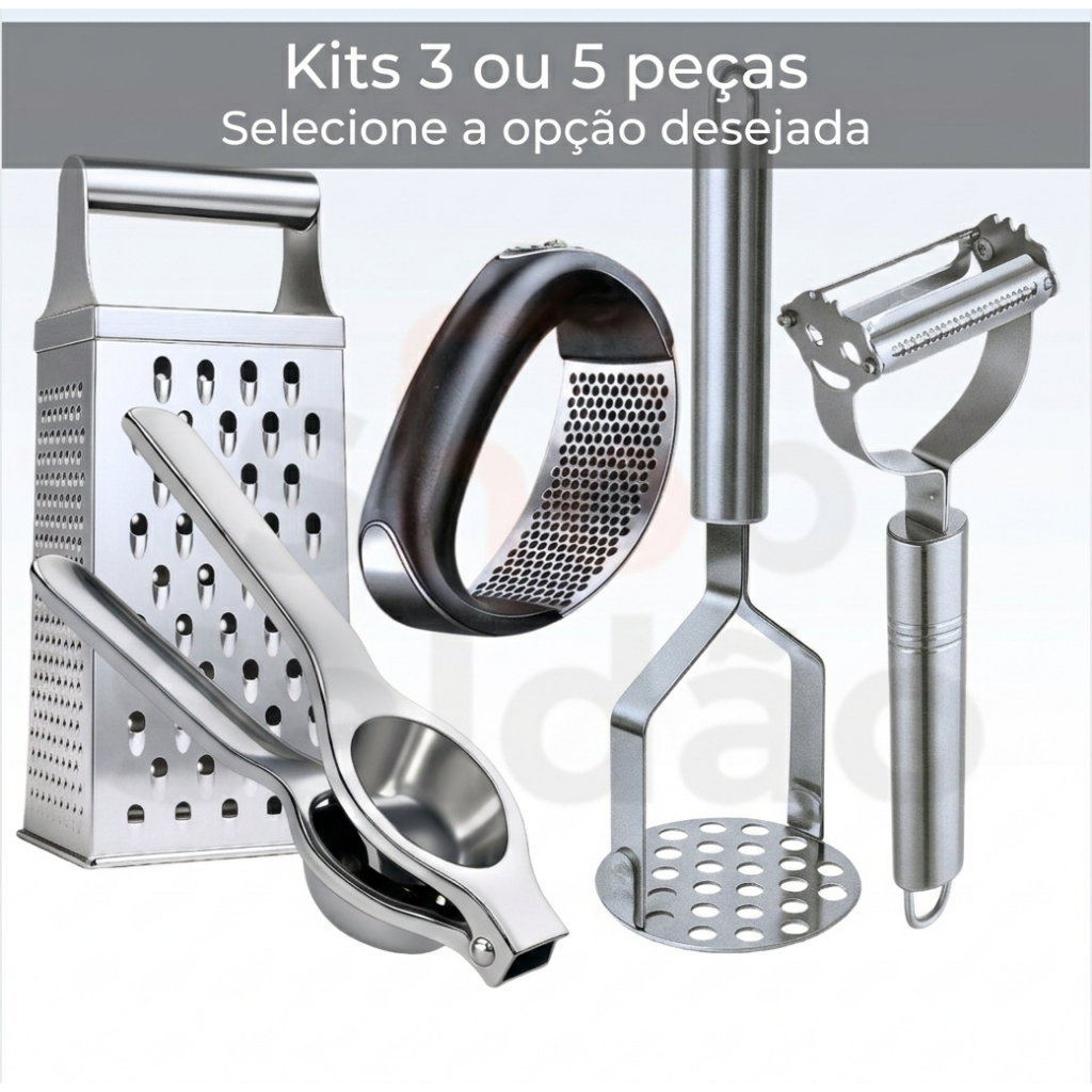 Kit Utensílios Inox 3 ou 5 Peças – Amassador, Espremedor, Descascador e Mais (Escolha a Variação) em Oferta na Shopee