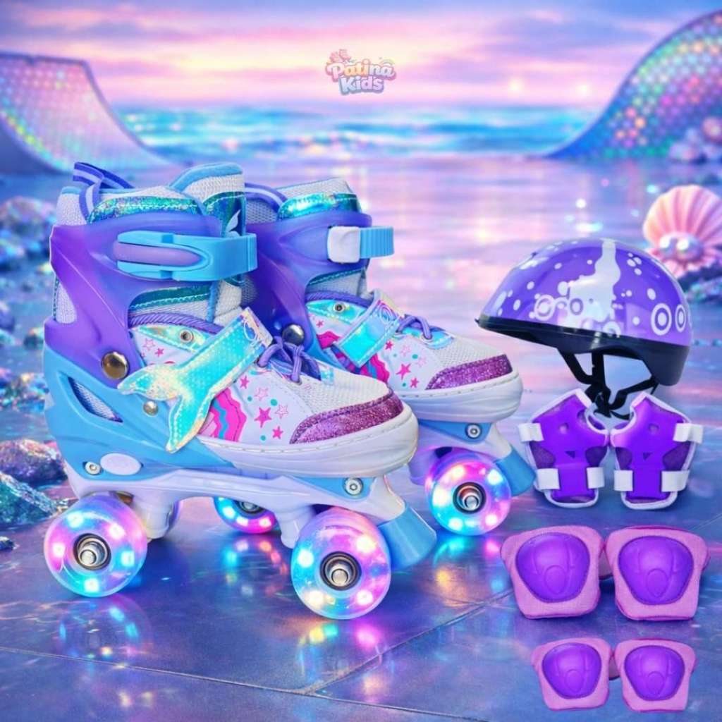 Patins Quad Sereia 4 Rodas Infantil Ajustável Regulável Com Rodinhas de Led + Bolsa + KIT DE PROTEÇÃO COMPLETO em Oferta na Shopee