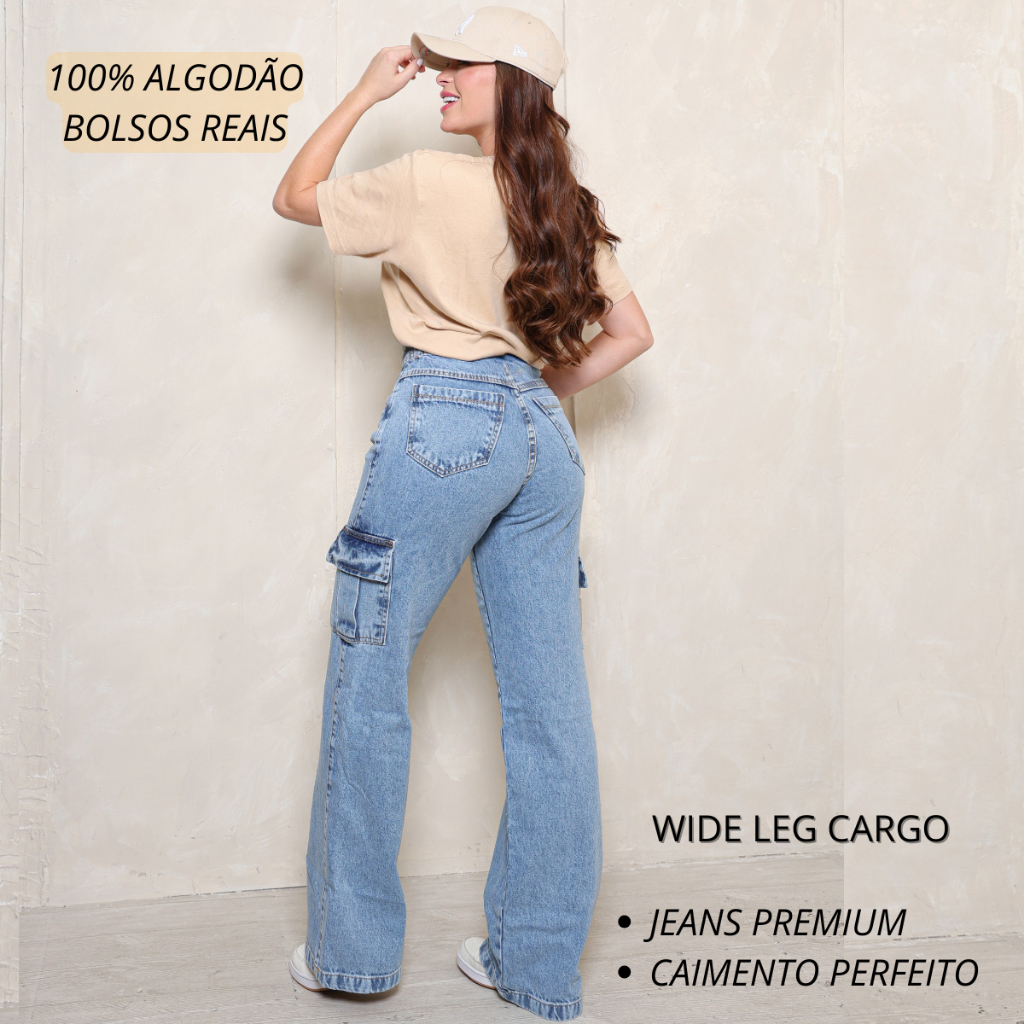Calça Wide Leg Jeans Cargo Com Bolso Dos Lados em Oferta na Shopee