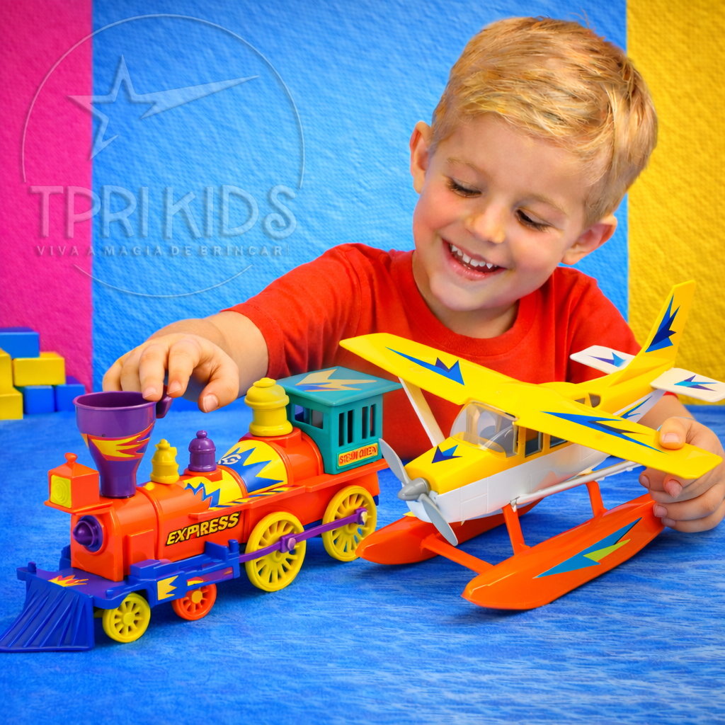 Kit Avião Trem Brinquedo Infantil Hidroavião Flutua Água Locomotiva Expresso Maria Fumaça Menino