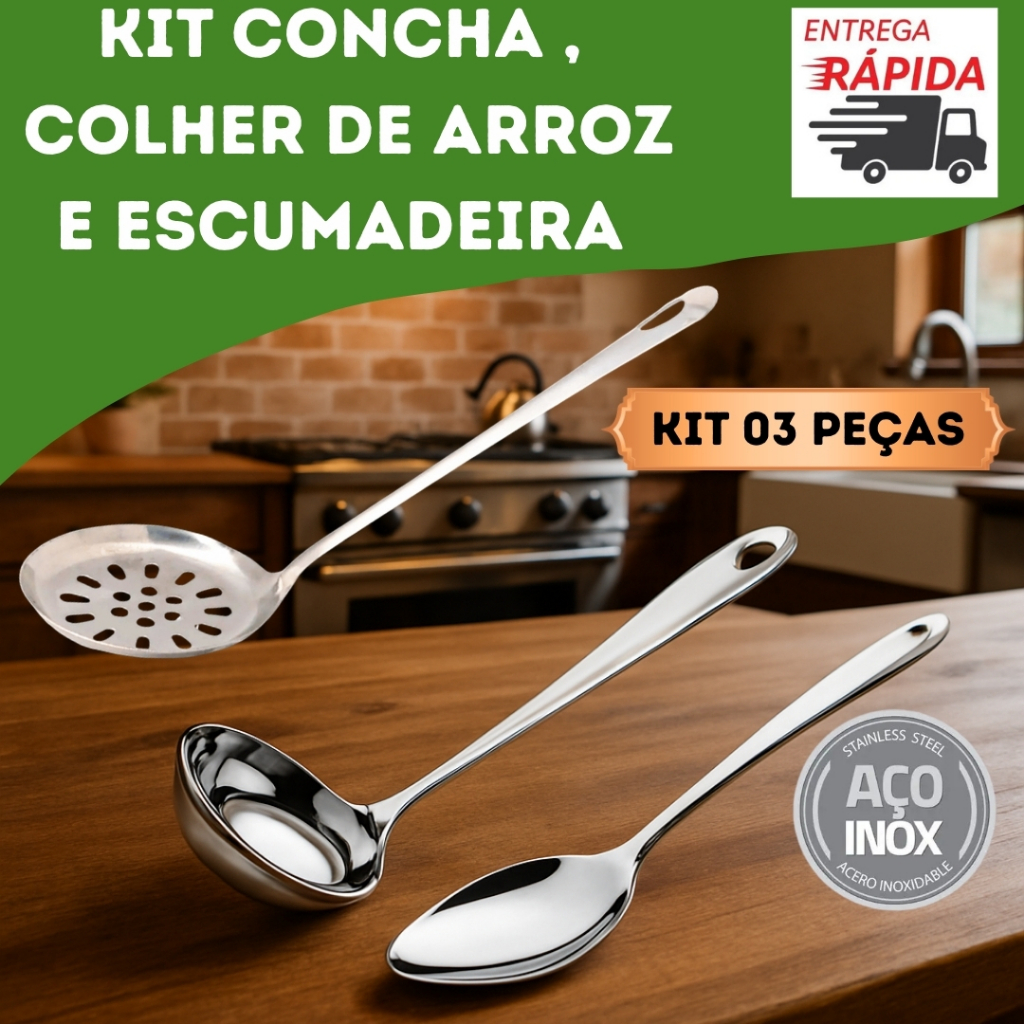 Kit Conjunto Cozinha Utensílios 3 Peças 100% Aço Inox Colher Escumadeira Concha Restaurante Casa Buffet