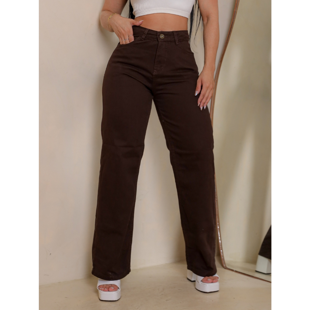 Calça Wide Leg Marrom Jeans Feminina Cintura Alta Pantalona 100% Algodão Premium em Oferta na Shopee