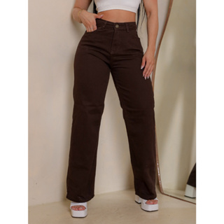Calça Wide Leg Marrom Jeans Feminina Cintura Alta Pantalona 100% Algodão Premium em Oferta na Shopee