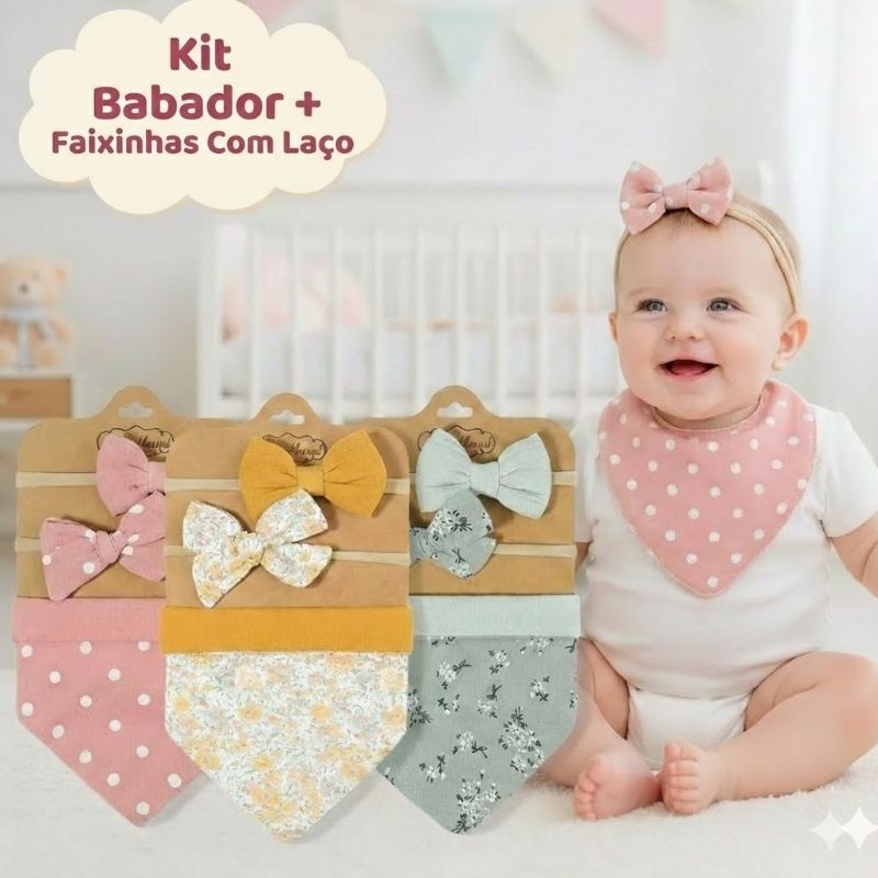 Kit Babador Infantil Estilo Bandana e Acessórios Faixa De Cabelo Com Laço Para Bebê Meninas