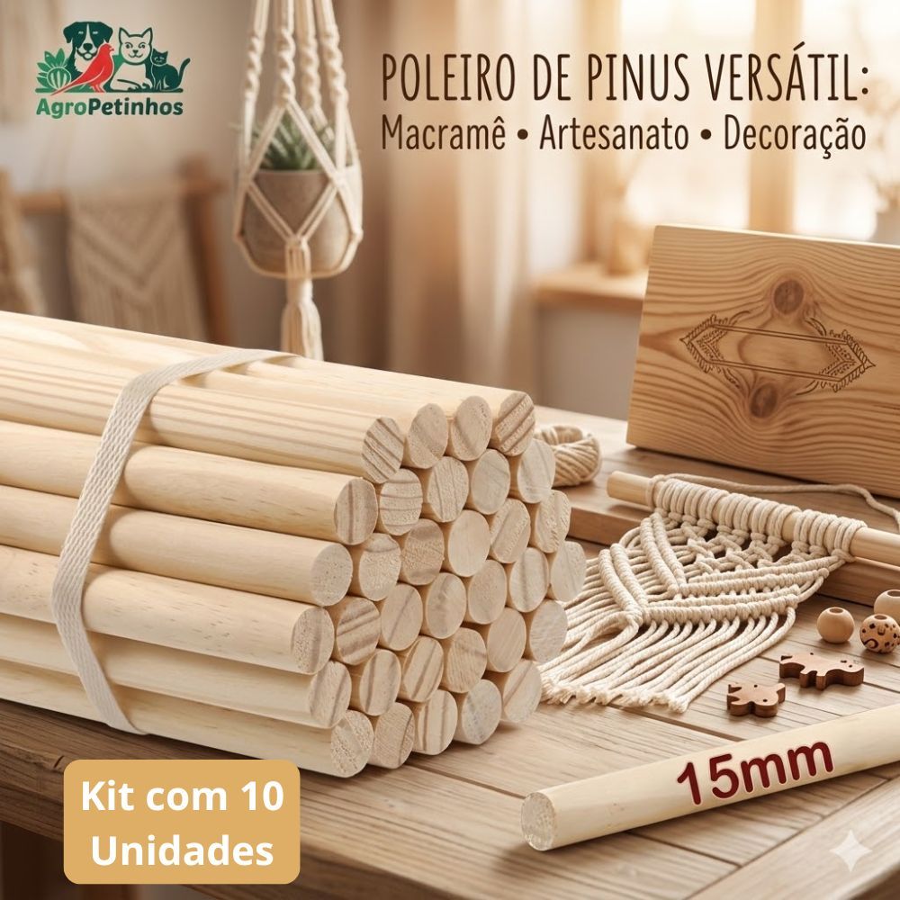 Kit 10 Varetas Madeira Pinus 15mm – Cavilha, Bastão, Palito, Poleiro para Artesanato DIY, Marcenaria