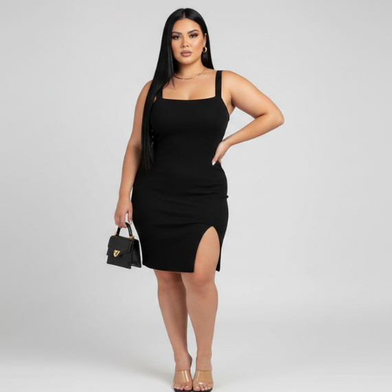 Vestido Longo feminino com fenda lateral casual de festa canelado ribana premium algodão sem manga plus size