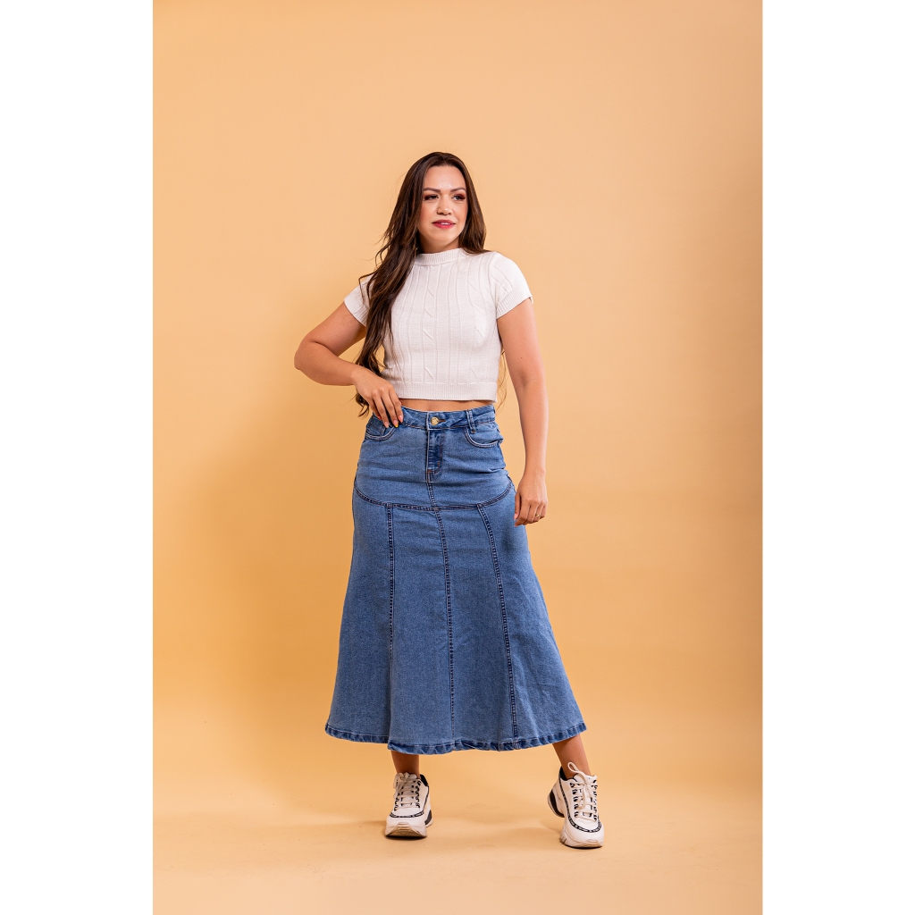 Saia Jeans Midi Elegante Confortavel Moda Evangélica Feminina Casual Chique — imagem 2 de 2