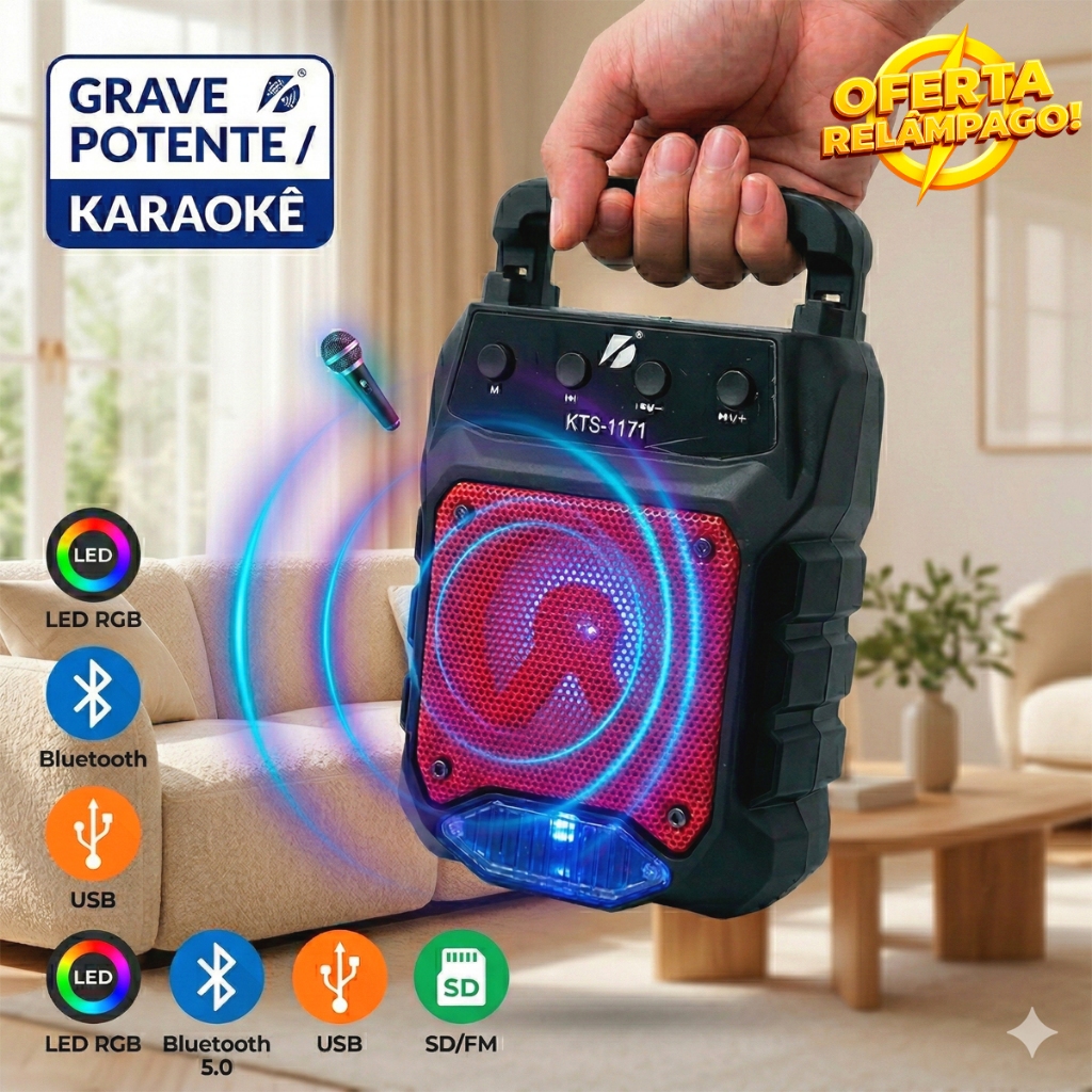 Caixa de Som Bluetooth Portátil Karaoke Bluetooth Rádio FM PenDrive SD KTS 1171 super bass 4 cores em Oferta na Shopee