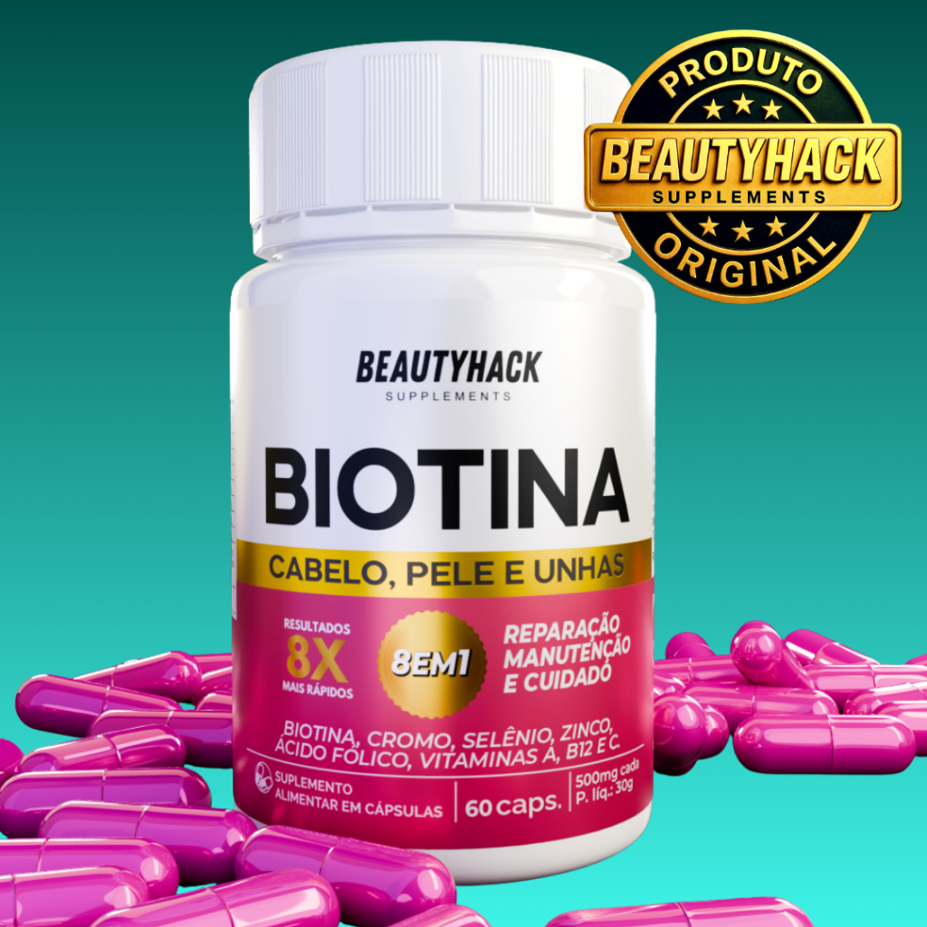 Biotina + Ativos 8 em 1 - Crescimento de Cabelo, Unhas e Pele - 60 cápsulas - Envio Imediato