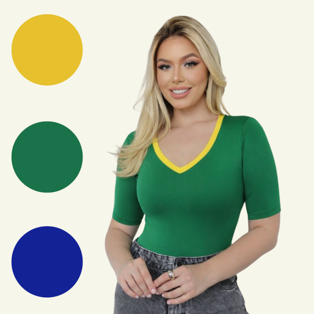 Blusa Gola V Bicolor Feminina Básica Suplex Malha Copa do Mundo Uniforme Brasil Confortável Elastano