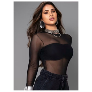 Body Tule Feminino Manga Longa Renda Blogueiras  Tamanho Único em Oferta na Shopee