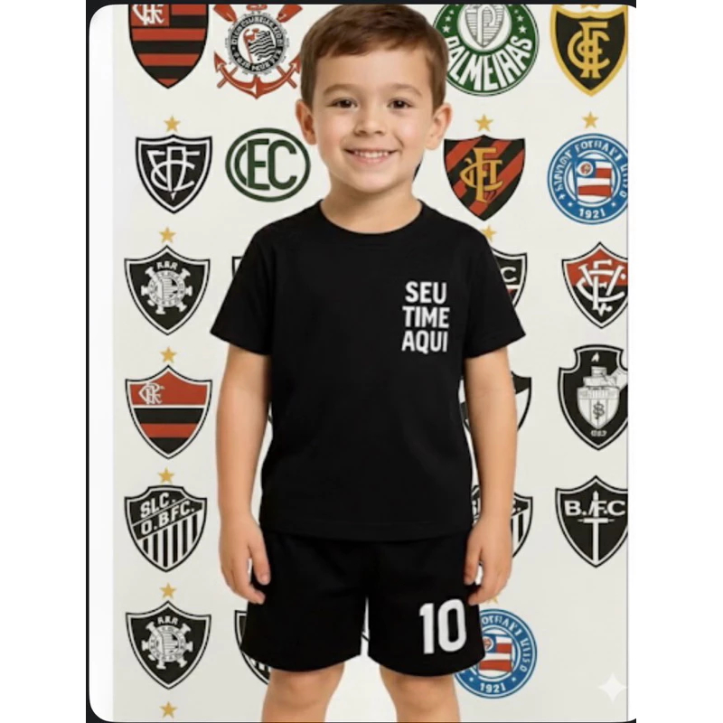Conjunto Infantil  - 100% Algodão 30.1 - Camiseta + Bermuda - Unissex - PERSONALIZADA COM O NOME DO SEU TIME