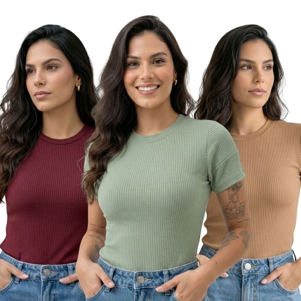 Kit 3 Blusa Ribana Canelada Feminina Gola Redonda Manga Curta Premium Casual em Oferta na Shopee