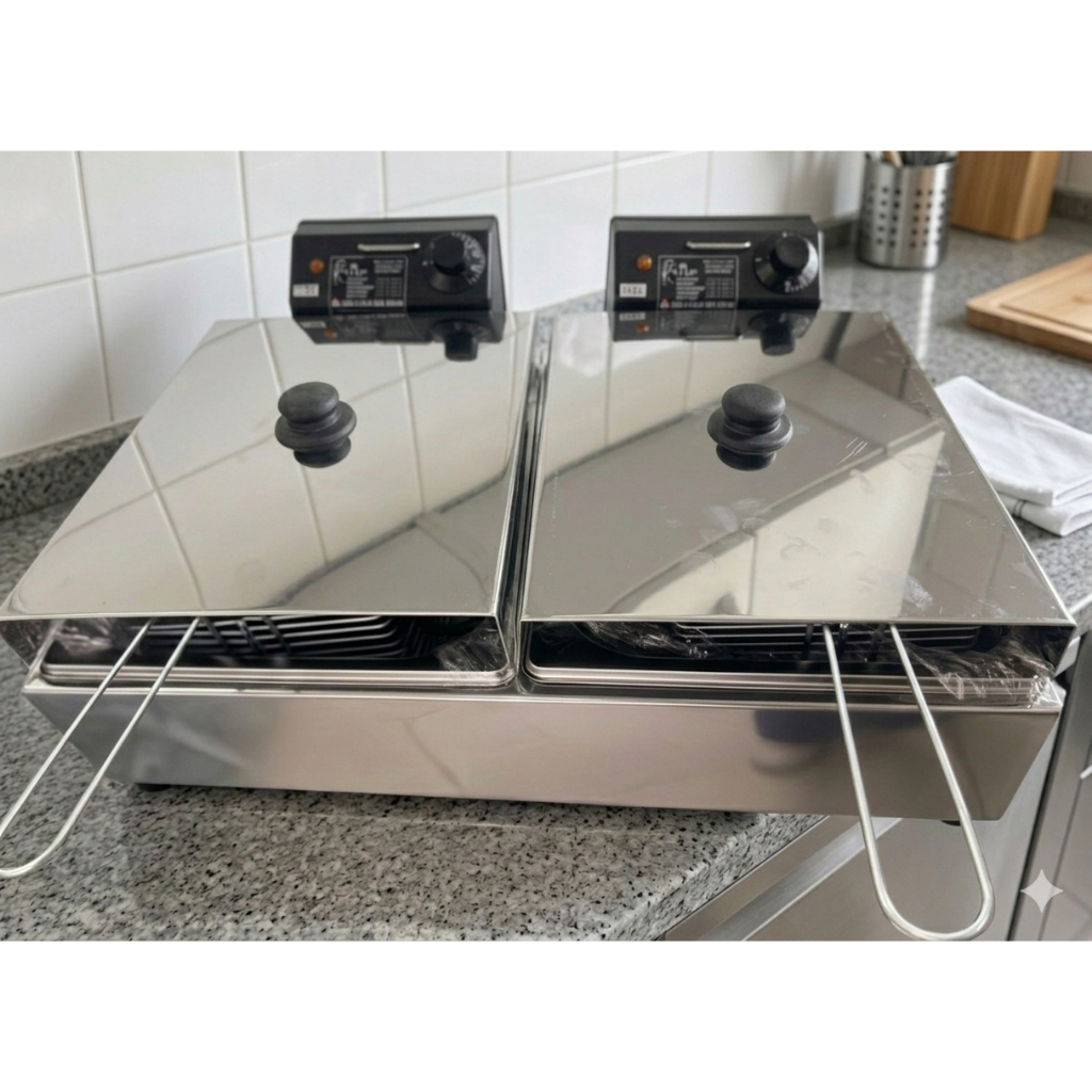 Fritadeira Elétrica Profissional em Inox Dupla com 2 Cubas 10 Litros 6.000 Watts + 2 Tampa ANTI RESPINGO