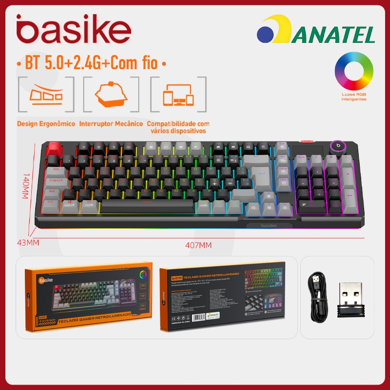 Basike Teclado Mecânico Modo triplo，RGB Switches vermelhos Teclado mecânico Design ergonômico Com visor digital，key391 em Oferta na Shopee