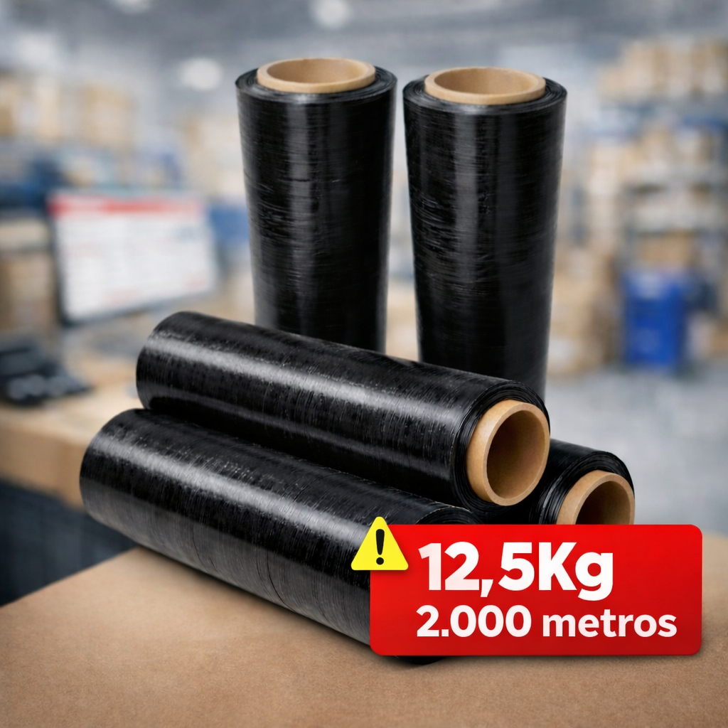 Kit 5 Bobinas Filme Stretch Preto 50cm x 25 micras - (400 Metros / 2,5kg por bobina)