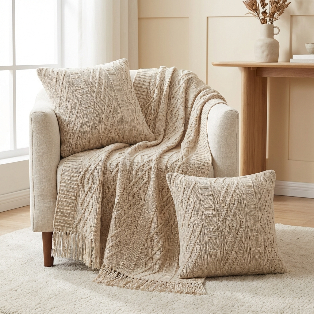 KIT MANTA SOFA TRICO DECORATIVA 150X90cm +2 CAPA DE ALMOFADA Usufruto C05