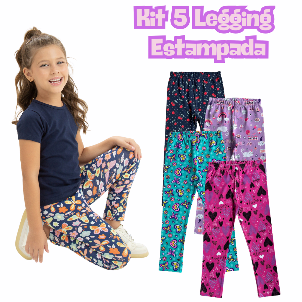 Kit 5 Calça Legging Cotton Estampada Sortido Infantil Juvenil Menina Tamanho 1 ao 16