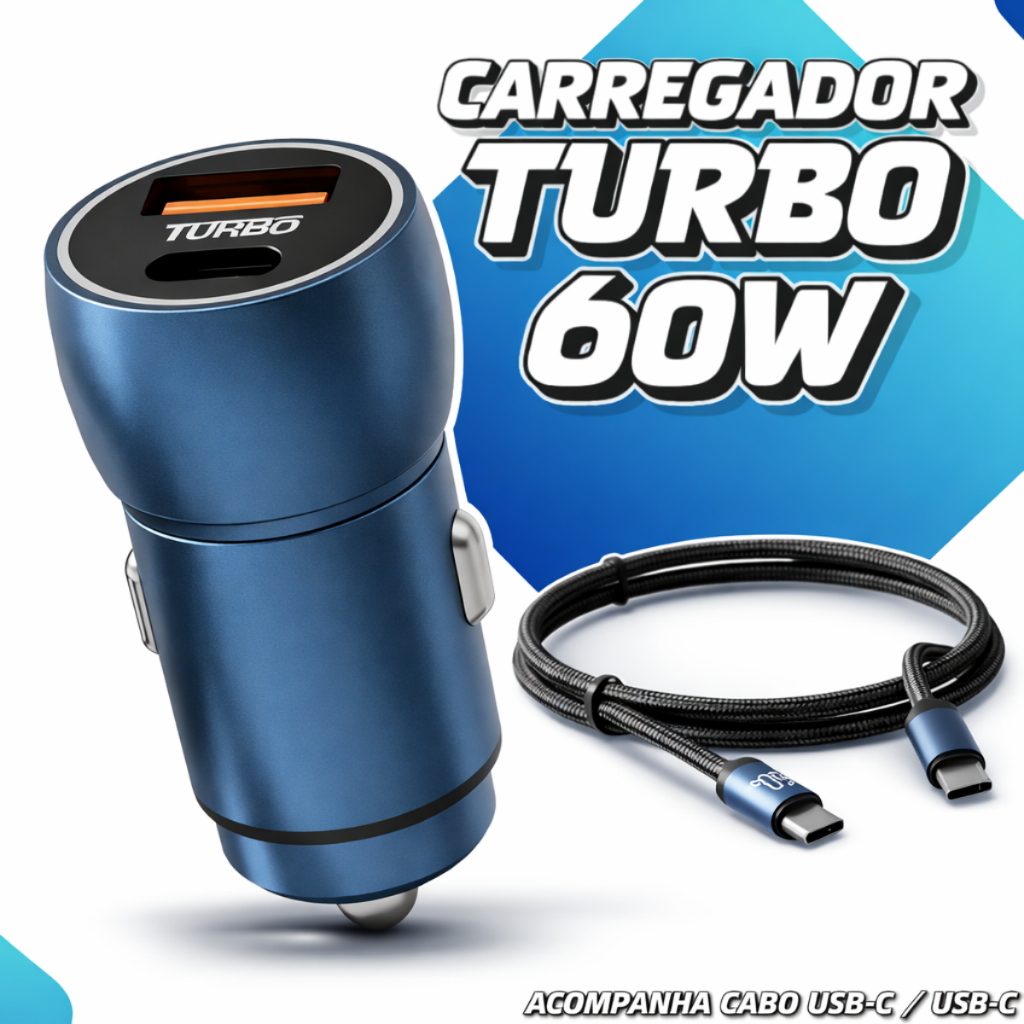 Carregador Veicular Turbo 60w Cabo USB-C TIPO-C ( carregador celular carro )