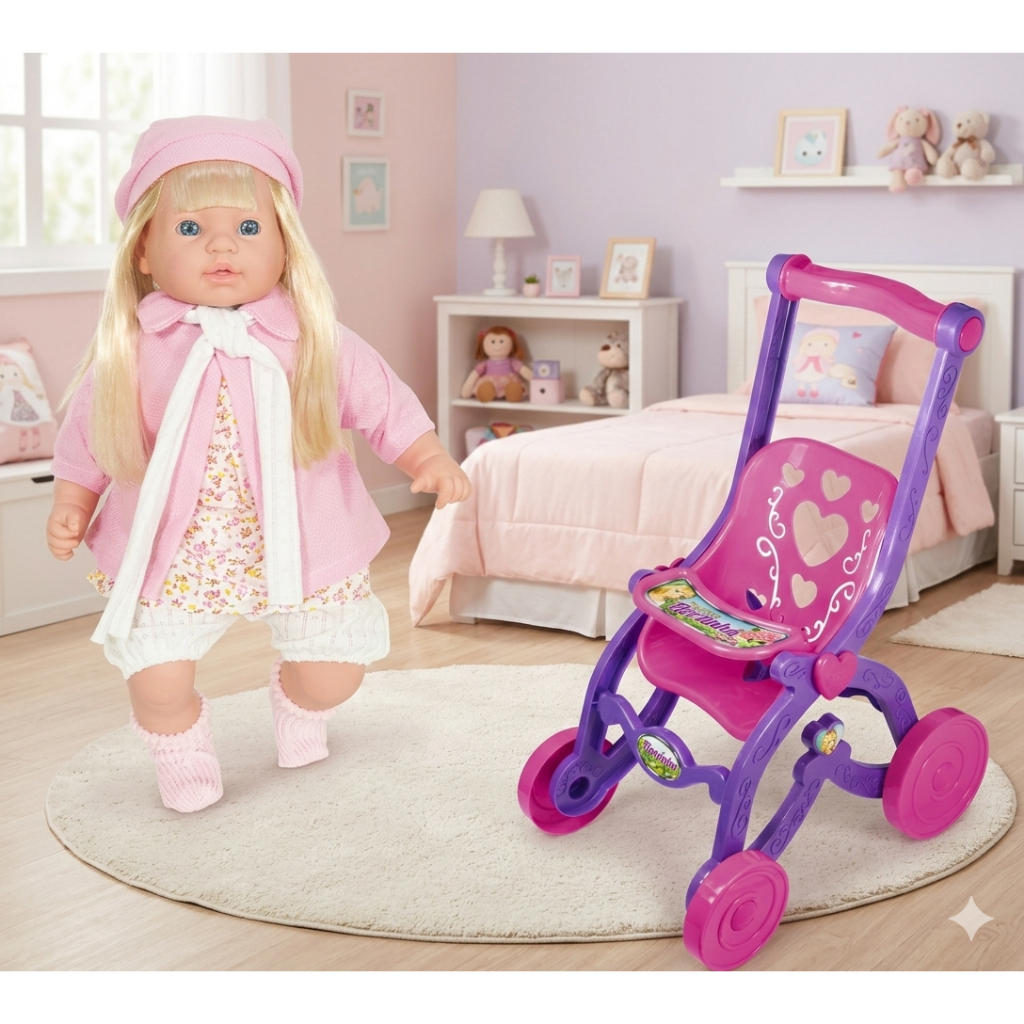 Boneca grande macia Rose Ring Premium caixinha de jóia p/ montar com carrinho de passeio florzinha