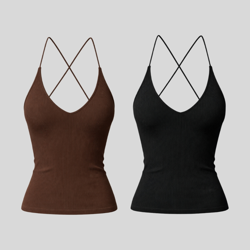 Kit 2 Blusa Feminina Ribana Canelada Alça Fina Decote V Costas Nua X Cruzado Justa Moda Verão