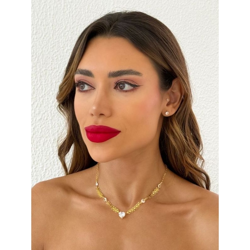 Choker Folheado a Ouro 18k e Prata Escamas Com Coração Cristal
