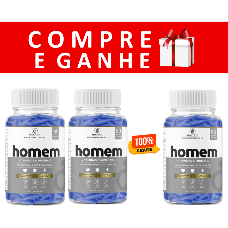 Compre 2 e Leve 3 Multivitamínico HOMEM de A a Z + Zinco e Magnésio 60 cps 500mg Beauty Liffe