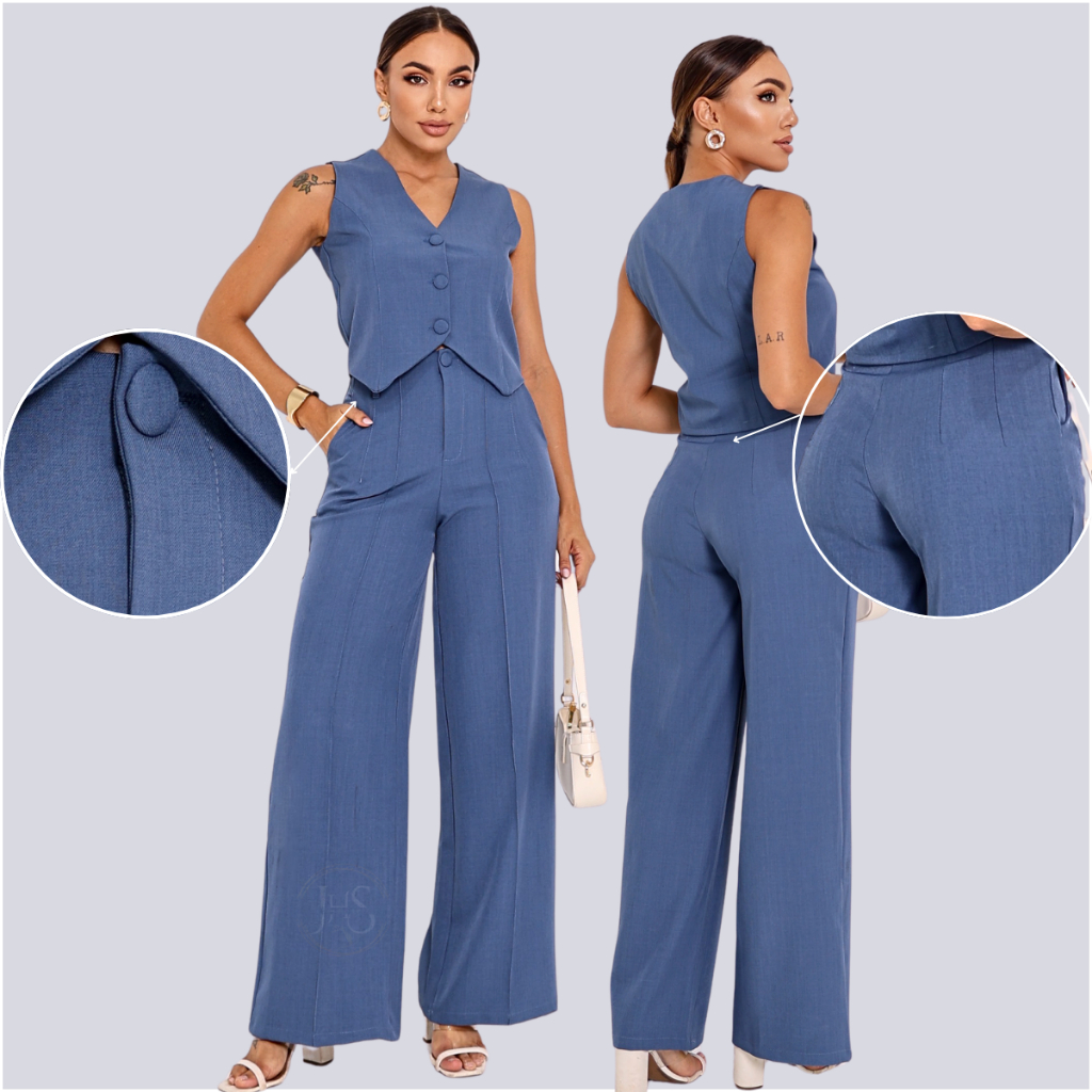 Conjunto Alfaiataria Feminino Colete Calça Pantalona Social Elegante Empresaria Trabalho Luis Twill