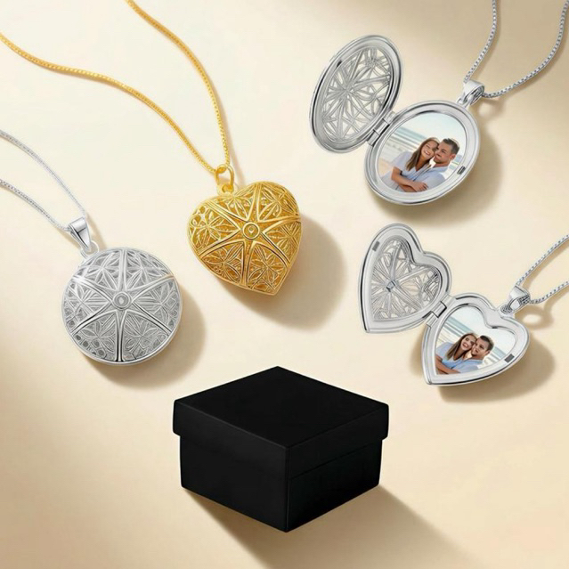 Colar Feminino Relicário com Foto Personalizada - Design de Coração e Redondo Vazado Prata e Dourado