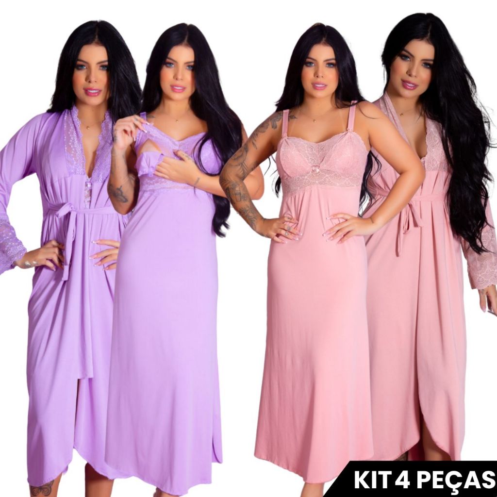Kit 2 Camisolas Amamentação Longas 2 Robes Longos Prático Confortável