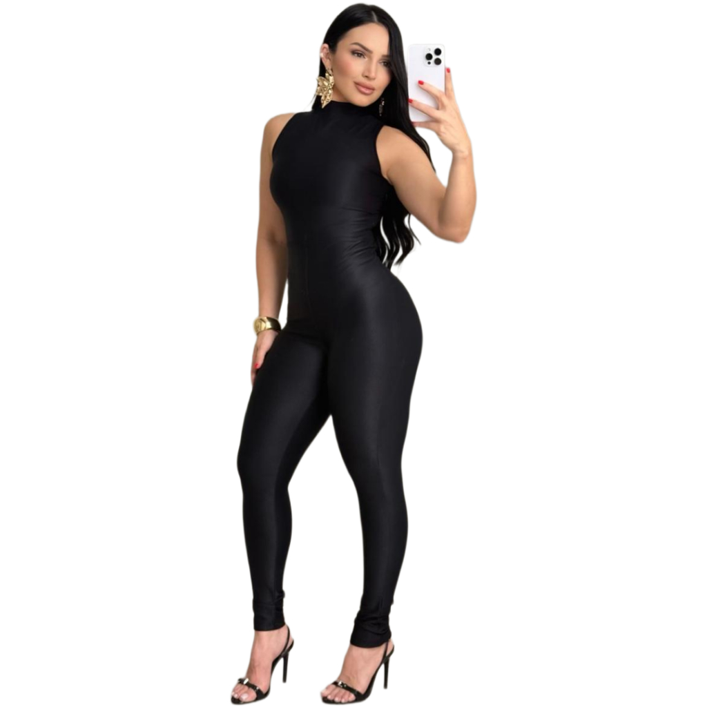 Macaquinho Feminino Longo  Modelador Justo Elegante Gola Alta Moda Blogueira para Festa Balada Eventos e Casual