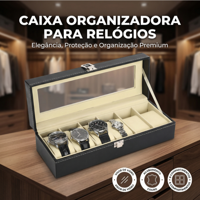 Porta Relógio Caixa Organizadora 6 Divisórias Com Visor Expositor Estojo Maleta Premium Masculino Feminino
